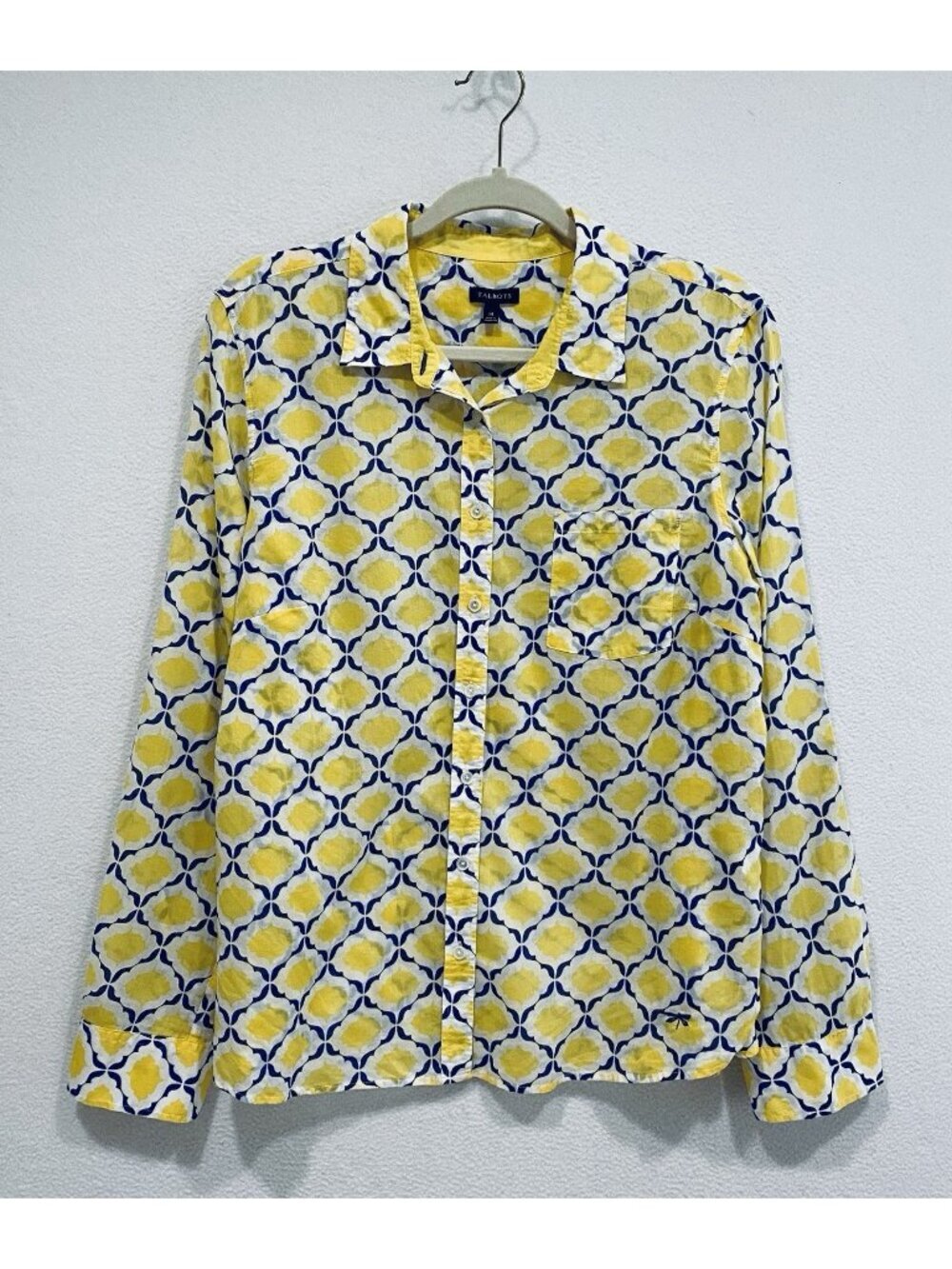 Talbots Top Womens 14 Yellow Blue Boho Print Lightweight Button Up Cotton Beachy - Picture 2 of 8